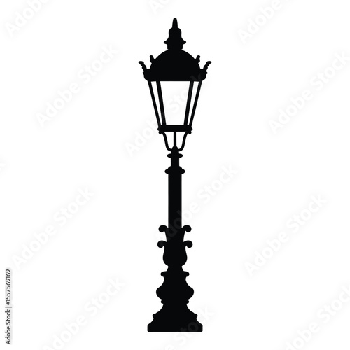 Vintage Victorian Ornamental Street Lamp Silhouette, Vector, Illustration, Outline, Line Art, Icon, Logo, White Background.