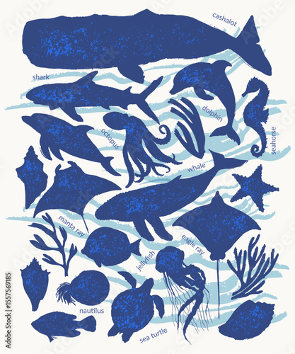 Vector sea animals silhouette set. Whale, dolphin, shark, octopus, sea horse, sea turtle, jellyfish, starfish, manta ray, eagle ray, nautilus