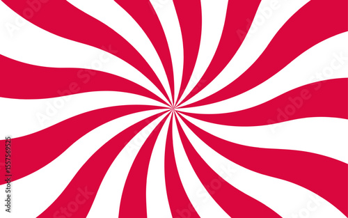 Abstract bold optical illusion background with swirling red and white wavy stripes radiating from the center and hypnotic spiral. Dynamic movement and symmetry, evoking a retro, energetic