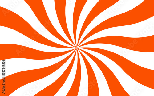 Abstract bold optical illusion background with swirling Orange and white wavy stripes radiating from the center and hypnotic spiral. Dynamic movement and symmetry, evoking a retro, energetic