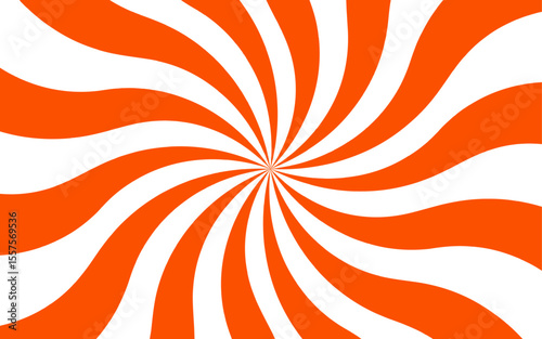 Abstract bold optical illusion background with swirling Orange and white wavy stripes radiating from the center and hypnotic spiral. Dynamic movement and symmetry, evoking a retro, energetic