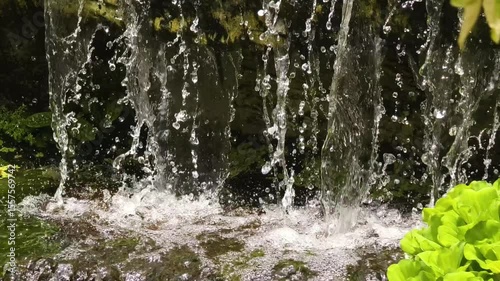 A beautiful waterfall in a garden, surrounded by lush plants