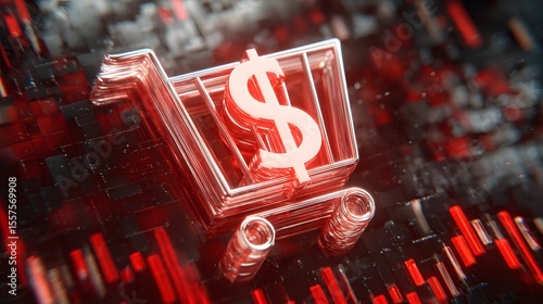 Metallic shopping cart with dollar sign on a digital background, representing online commerce, finance, and digital economy.