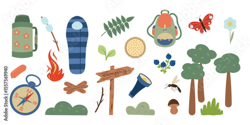 Camping elements vector set. Hiking and camping set. Compass, mushroom, tree, thermos, marshmallow, butterfly, flower, berries, mosquito, sleeping bag, wooden sign, lamp