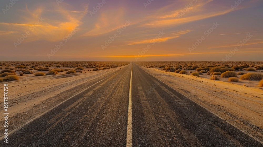 Fototapeta premium Lonely road stretches through a desert landscape.