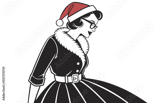 Retro woman wearing santa hat and fur trimmed coat with full skirt