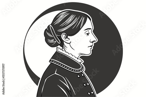 Elegant victorian woman in profile with classic hairstyle and formal attire