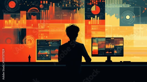 Person analyzes data on multiple screens displaying various charts and graphs in warm color tones.