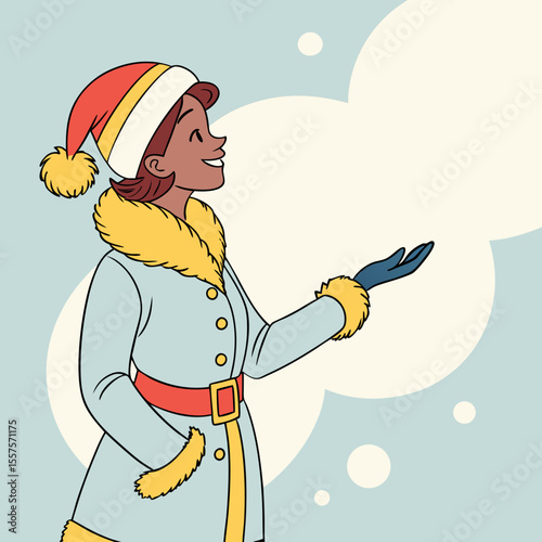 Woman in winter coat and hat looking up and gesturing with open hand