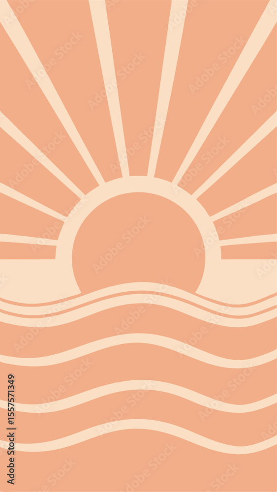 Naklejka premium Retro style sunset over the ocean with waves artistic illustration design