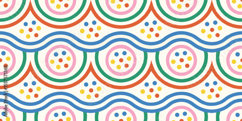 Colorful abstract geometric pattern with waves and circles in retro style