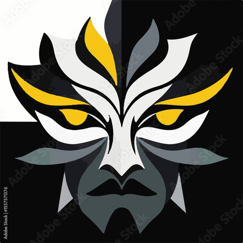 
A powerful vector image of a stylized tribal mask or creature face in white, black, grey, and yellow, with piercing eyes, set against a dark background.