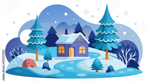 A quaint purple house is nestled amongst snow covered trees near a frozen river in a serene winter landscape