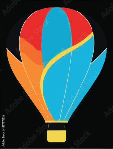 A colorful vector illustration of a hot air balloon with red, orange, and blue panels, and a yellow basket, against a dark background, symbolizing adventure and flight.