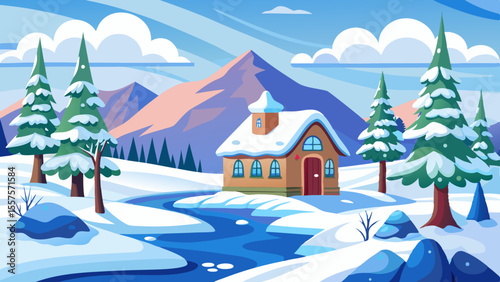 A rustic brown house with a snow covered roof sits beside a frozen river in a picturesque winter mountain setting
