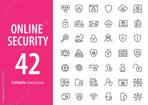 Online Security Line Icons, Shield, Lock, Password, Firewall, VPN, Secure Cloud, Data Protection, and More , Editable Formats: AI, EPS, JPG, PNG , Ideal for Both Digital and Print Use