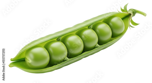 Fresh green pea pod with six round peas isolated on transparent background