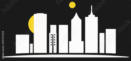 A stark vector silhouette of a city skyline with white buildings, featuring a large yellow sun/moon partially obscured and a smaller orb in the dark sky.