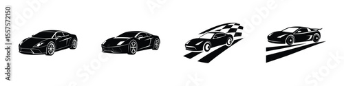 Minimal study of a sleek sports car skimming pavement from front angle Flat Silhouette on White Background