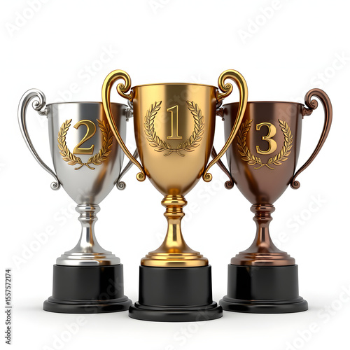 Trophies representing first, second, and third place winners, signifying success and achievement.