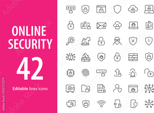 Online Security Line Icons, Shield, Lock, Password, Firewall, VPN, Secure Cloud, Data Protection, and More , Editable Formats: AI, EPS, JPG, PNG , Ideal for Both Digital and Print Use