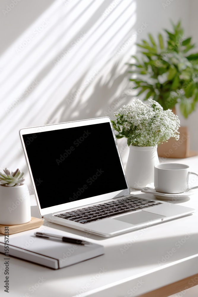 Fototapeta premium Modern minimalist workspace with open laptop on clean desk illuminated by natural sunlight, with potted plants and coffee mug for productivity