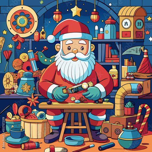 Santa claus busy in his workshop making toys for christmas