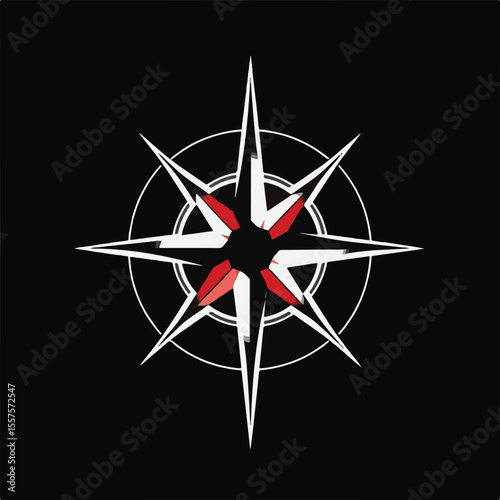 A modern vector compass rose in white and grey, featuring a striking red center and highlighting points, set against a dark background.