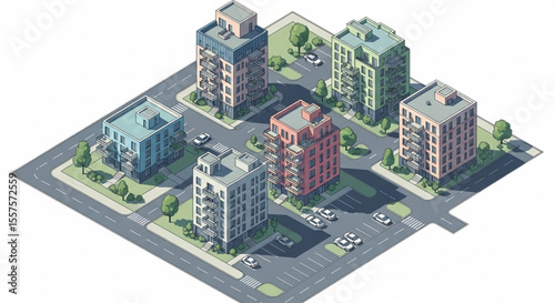 Isometric view of colorful apartment buildings with surrounding roads and parking spaces.