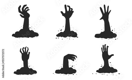 Scary monster hand emerging from the ground. Halloween-themed vector silhouette for horror designs.Evil undead hand silhouette clawing from the grave. Halloween graphic element