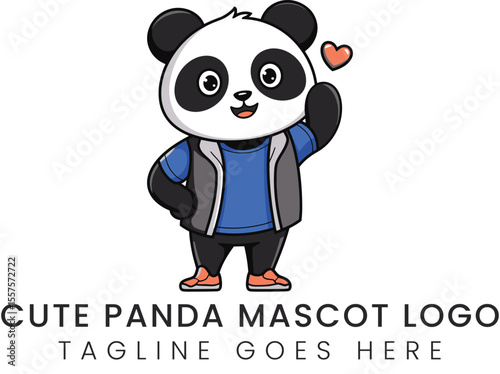 Charming panda mascot waving with affection and a cute heart symbol near its head