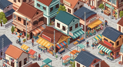 Isometric view of a bustling street market with colorful shops and people.