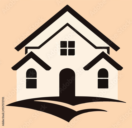 A stylized vector illustration of a house with a dark roof and windows, and a light-colored body, suggesting a residential property or home.