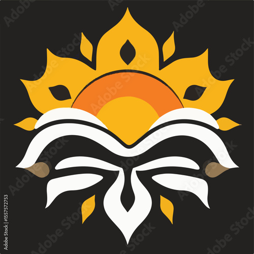 A striking vector image blending a stylized sun or lotus flower above a book, with white and orange accents on a dark background, symbolizing knowledge and enlightenment.
