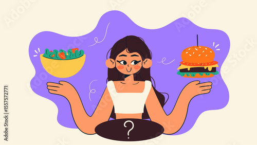 Woman chooses between healthy and unhealthy food. Diet and cheat meal concept. Doodle style isolated vector illustration