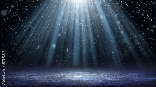 Blue Light Rays and Falling Snow on Dark Background