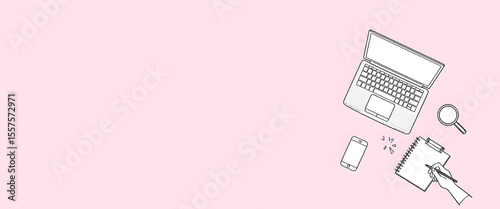 Overhead sketch of workspace elements, including a laptop, notepad, and phone, on a pink surface.