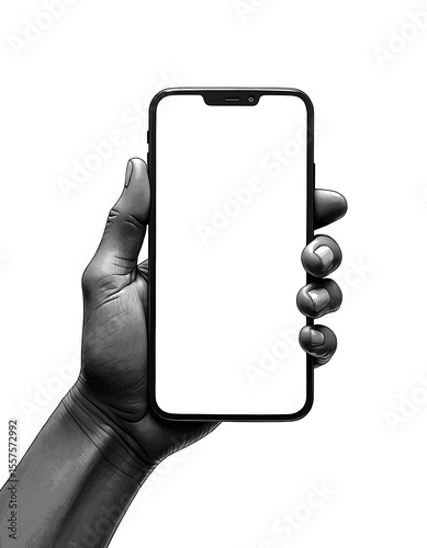 Hand holding a smartphone with a blank screen on white background.