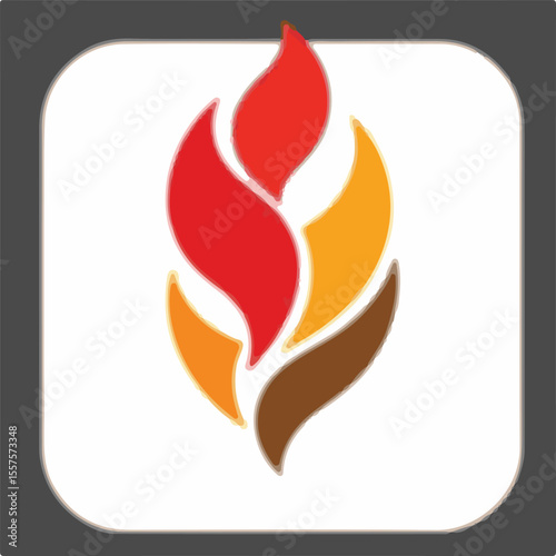 
A vibrant vector emblem depicting a stylized flame or ear of wheat with multi-colored segments (red, orange, brown), set within a rounded square.