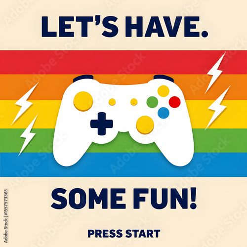 Cheerful artwork featuring a game controller and the invitation to have fun with a rainbow background.