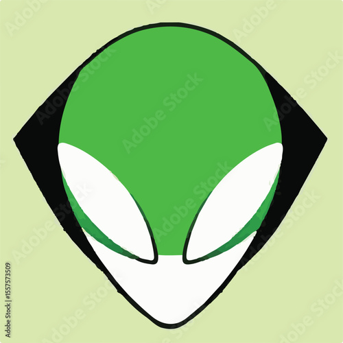 A striking vector image of an alien head, predominantly green with large white eyes, set against a light green background.