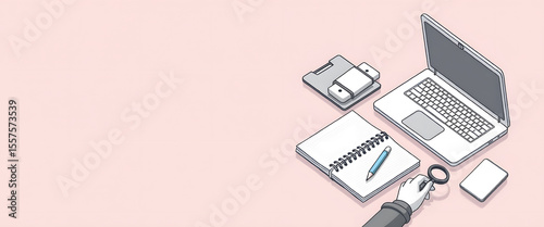 Isometric workspace with a laptop, notepad, and magnifying glass on a desk.