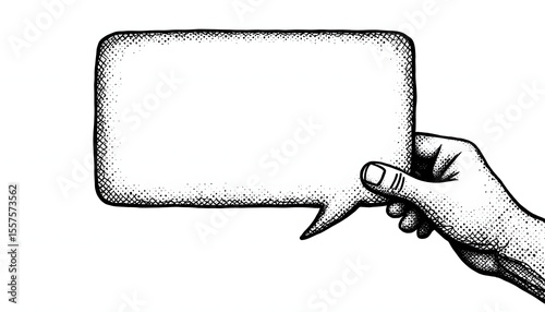A hand holding a speech bubble, ideal for adding text and conveying ideas.