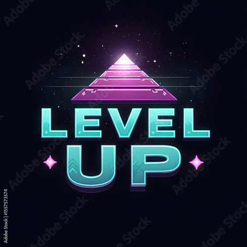 Bold 'Level Up' graphic with pyramid and starry background, perfect for gaming.