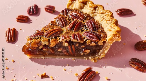 Delicious pecan pie slice on pink background.