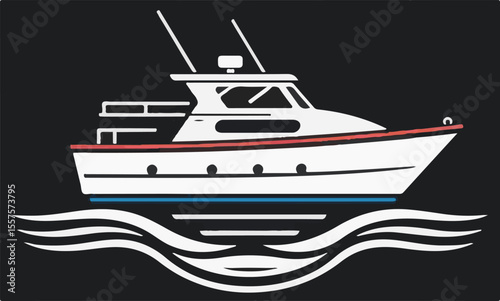 A classic white fishing boat with red and blue trim, featuring a cabin and fishing rods, shown above stylized white waves on a dark background.