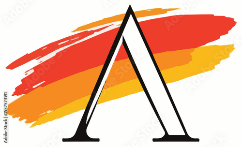 A bold, black 'A' letterform with serifs, placed over a dynamic red and orange brushstroke on a white background, conveying artistic flair.