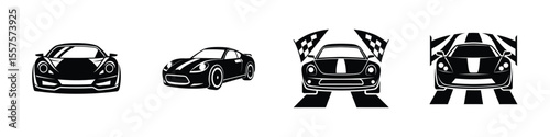 Minimal front-angle view of a racing sports car drifting around corner Flat Silhouette on White Background