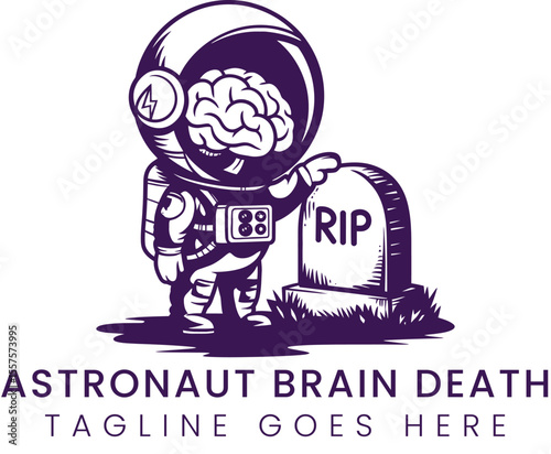 Cartoon astronaut character with brain exposed, next to tombstone, design element
