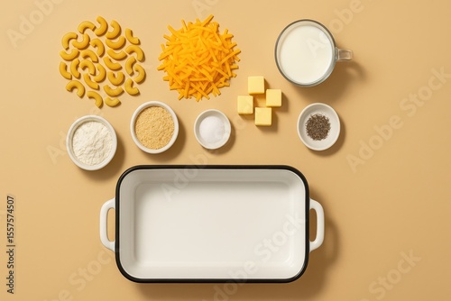 Flat lay of classic American mac and cheese ingredients on warm beige background: elbow macaroni, cheddar cheese, milk, butter, breadcrumbs, and spices